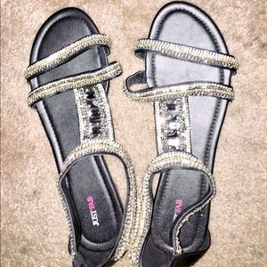 New! Black Vegan Leather and Rhinestone Sandals